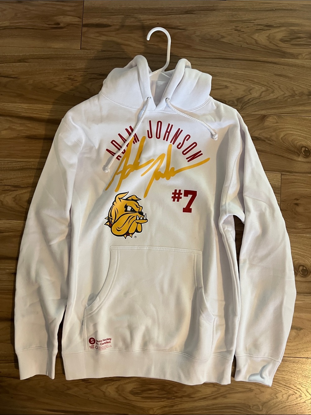 Adam Johnson UMD Bulldog Sauce Hockey White Hoodie